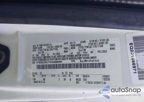 2012 Ford E-350 Super Duty Xlt z USA, uszkodzony, nr VIN 1FBSS3BL1CDA88490